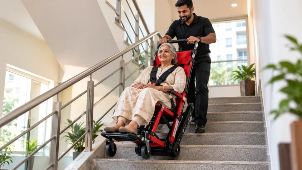 Trained caregiver guiding a senior woman down apartment stairs in a red rescue chair