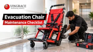 Evacuation chair maintenance checklist - technician inspecting a red evacuation chair - Vin Grace