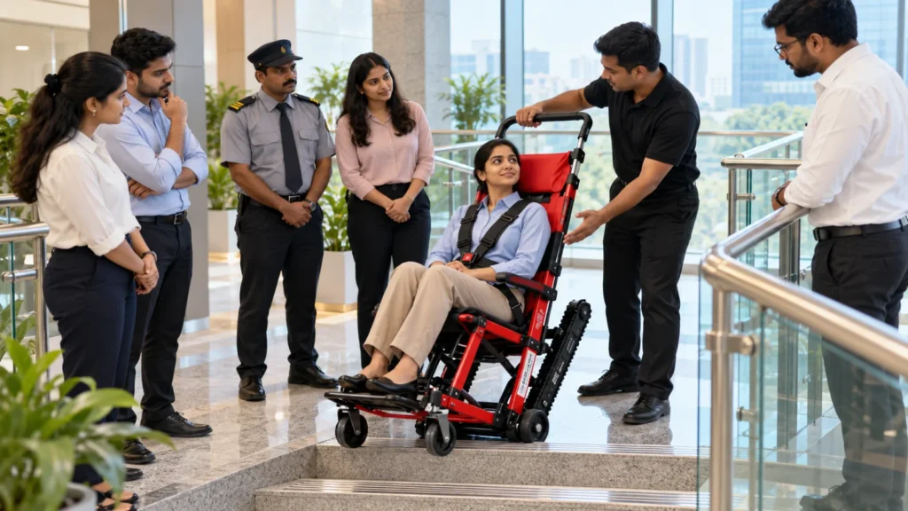 Trainer demonstrating an evacuation chair to office employees and security staff during a training session