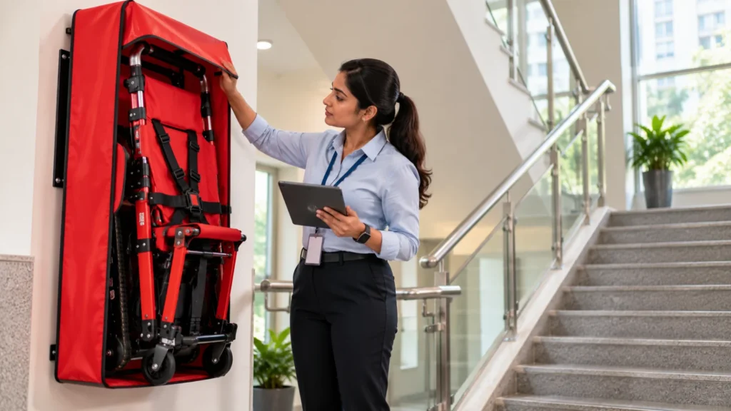 Facility manager inspecting an evacuation chair stored in a wall-mounted cover near the stairwell