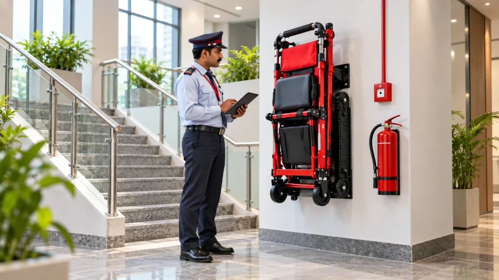 Fire safety officer auditing a wall-mounted evacuation chair near a fire staircase for compliance in India