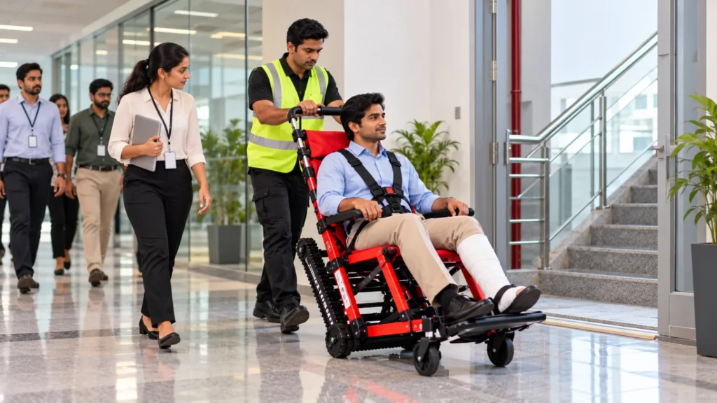 Fire warden moving an injured employee in an evacuation chair during an office fire drill