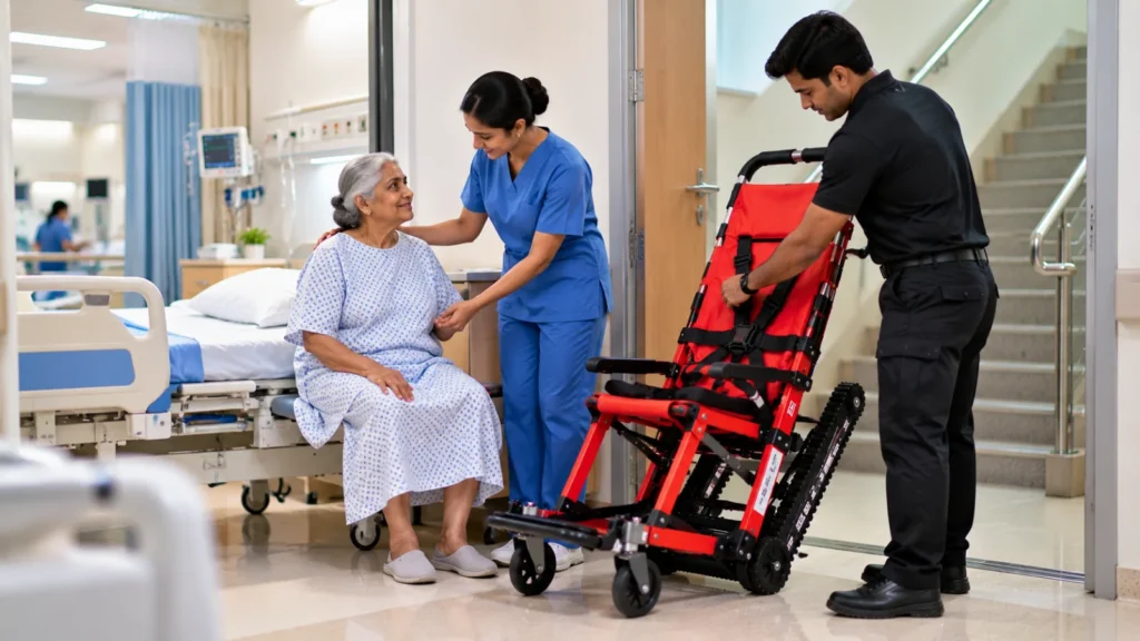 Hospital nurse and staff preparing an evacuation chair for an elderly patient near the stairwell