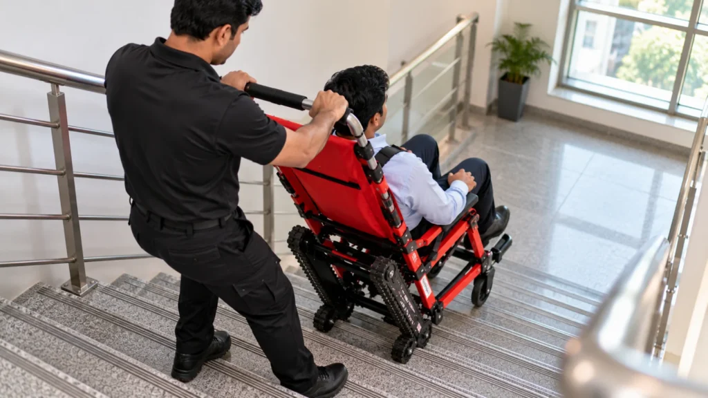 Trained operator guiding an evacuation chair down fire exit stairs with tracks on the stair edges
