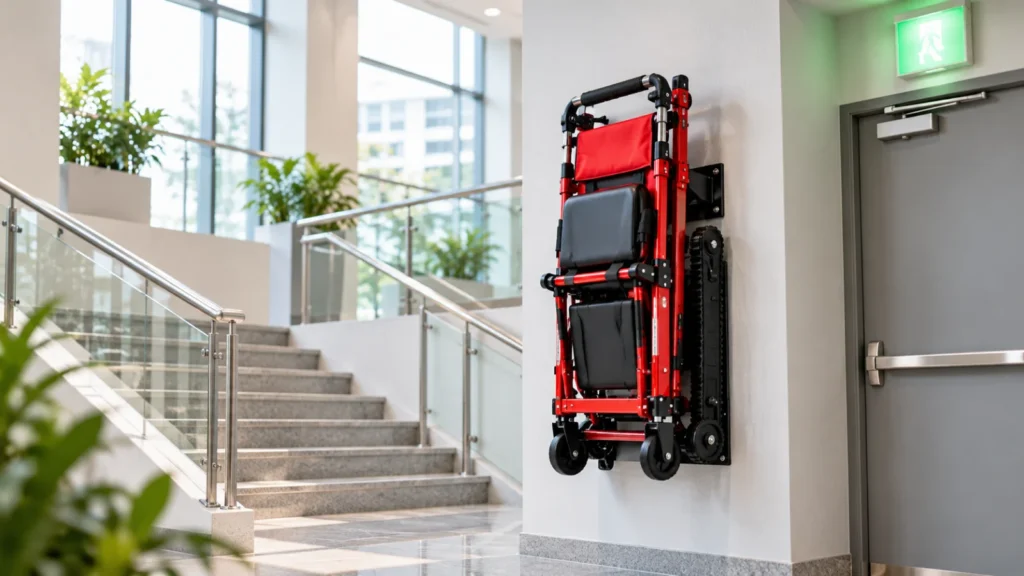Red rescue chair mounted on wall bracket near emergency exit in office stairwell