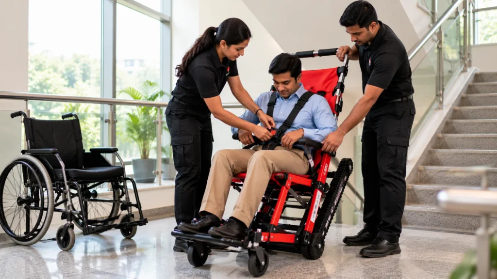 Trained staff helping a wheelchair user transfer into an evacuation chair and fasten the safety straps