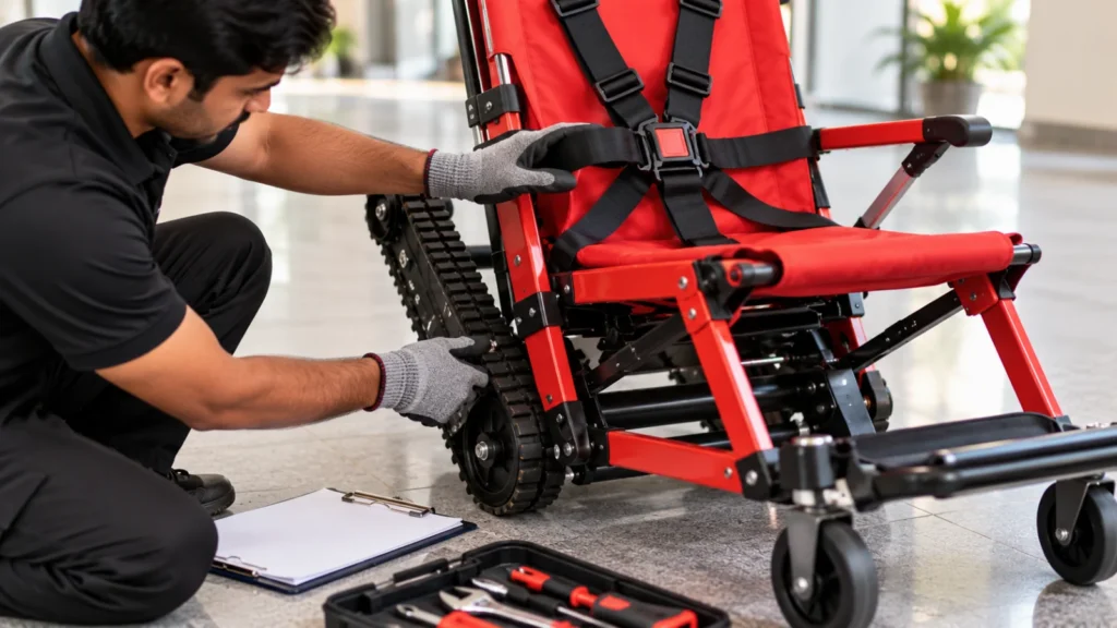 Technician checking the seat straps and track belt of an evacuation chair during maintenance